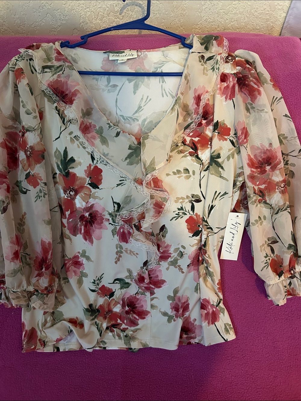 Katherine Way Cream Floral Ruffle V-Neck Blouse